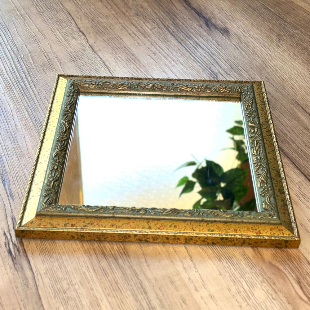 Vtg Ornate Square Wall Mirror Gold Verdigris Floral Scrollwork Frame 9.5in - Picture 6 of 16